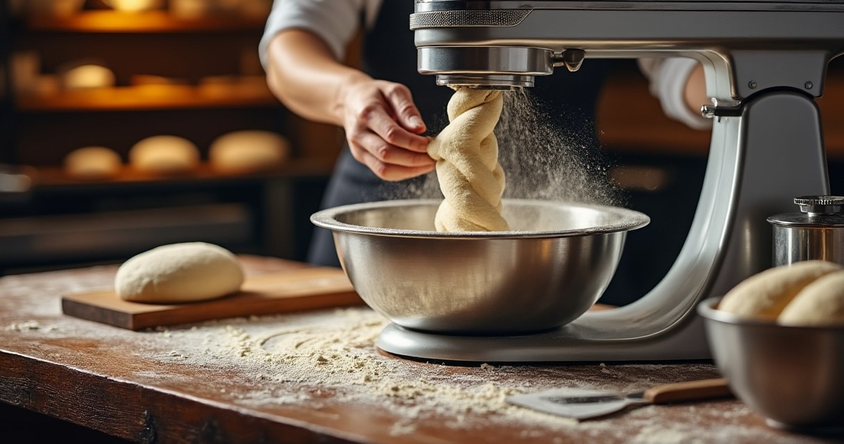 Professioneller Spiralkneter mit Teig in Edelstahlschüssel
